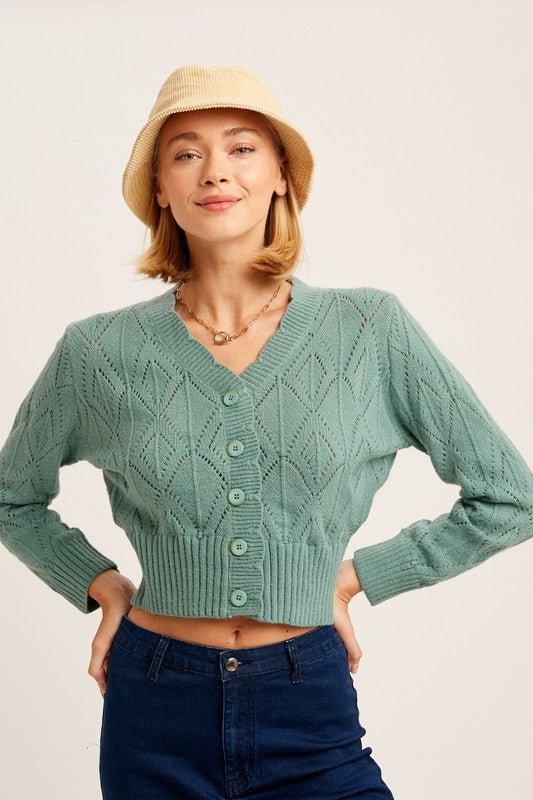 ChicScallop V-Neck Crop Cardigan with Button Detail