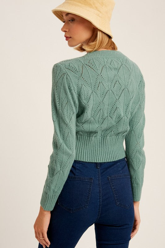 ChicScallop V-Neck Crop Cardigan with Button Detail