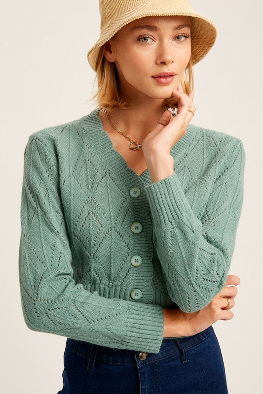 ChicScallop V-Neck Crop Cardigan with Button Detail