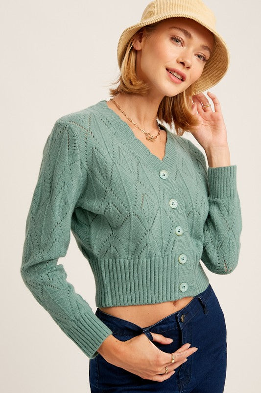 ChicScallop V-Neck Crop Cardigan with Button Detail