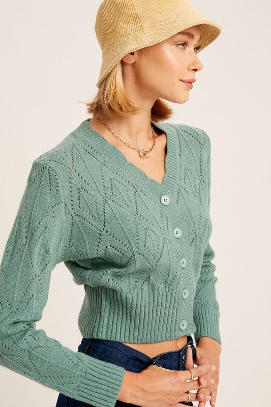 ChicScallop V-Neck Crop Cardigan with Button Detail