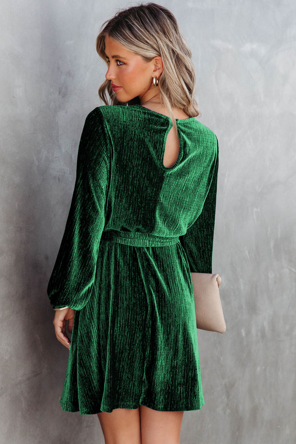 Green Crinkle Velvet Tie Waist Puff Sleeve Mini Dress