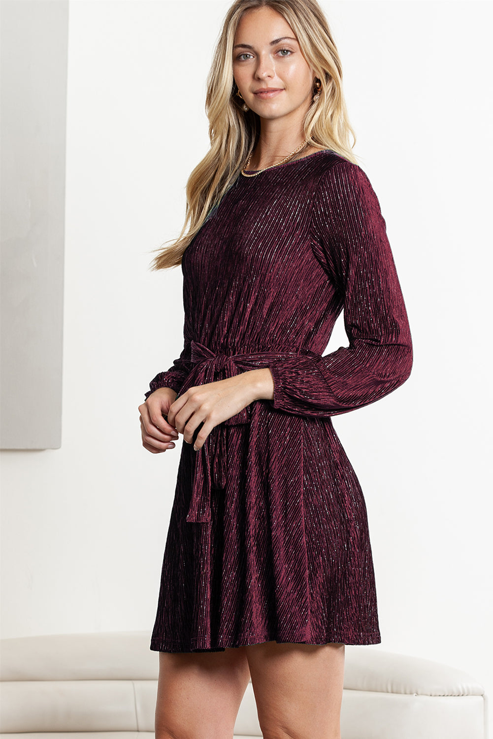 Green Crinkle Velvet Tie Waist Puff Sleeve Mini Dress