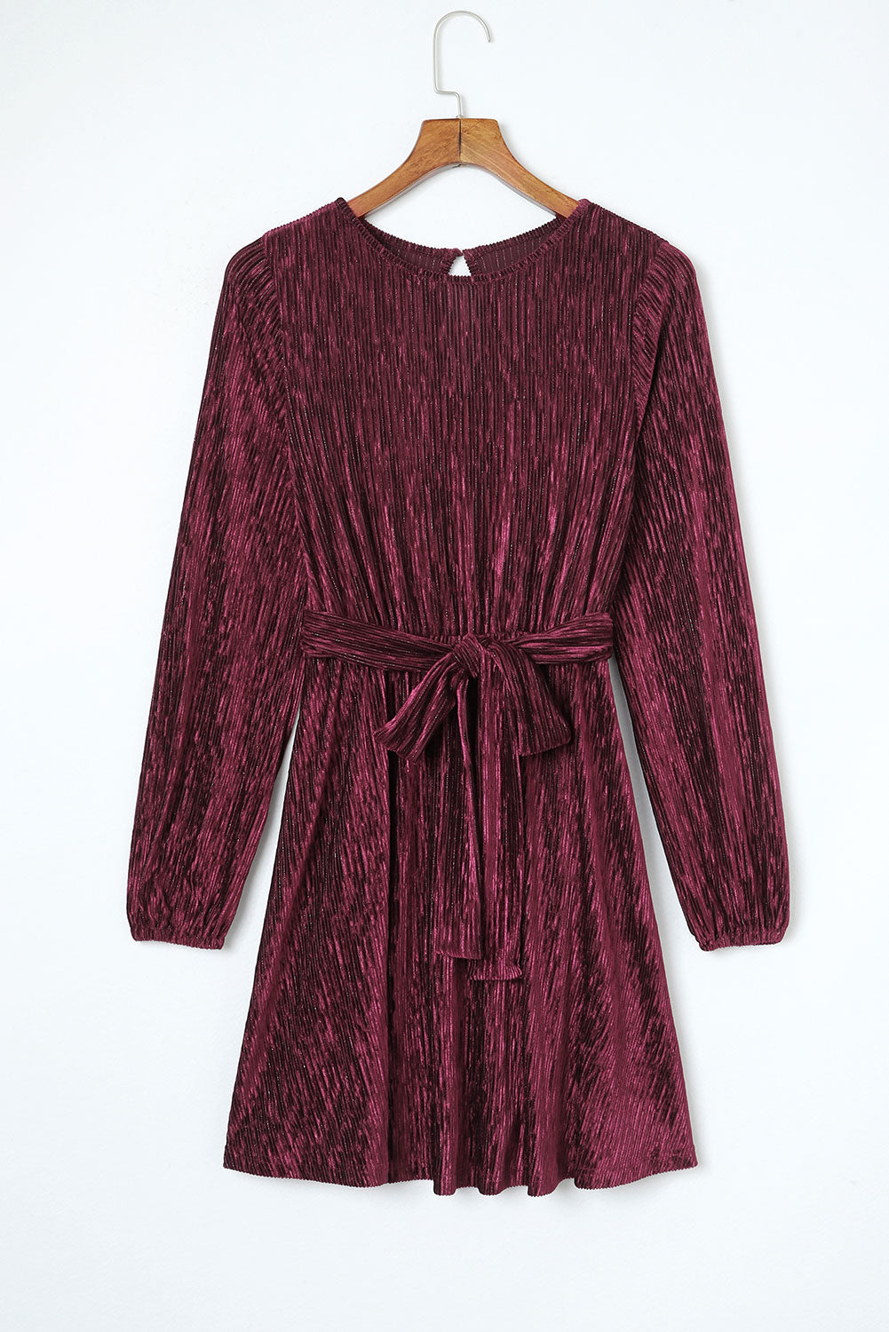 Green Crinkle Velvet Tie Waist Puff Sleeve Mini Dress