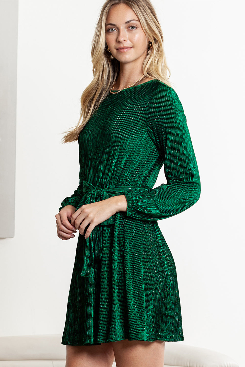 Green Crinkle Velvet Tie Waist Puff Sleeve Mini Dress