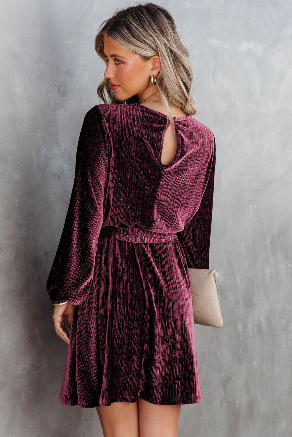 Green Crinkle Velvet Tie Waist Puff Sleeve Mini Dress