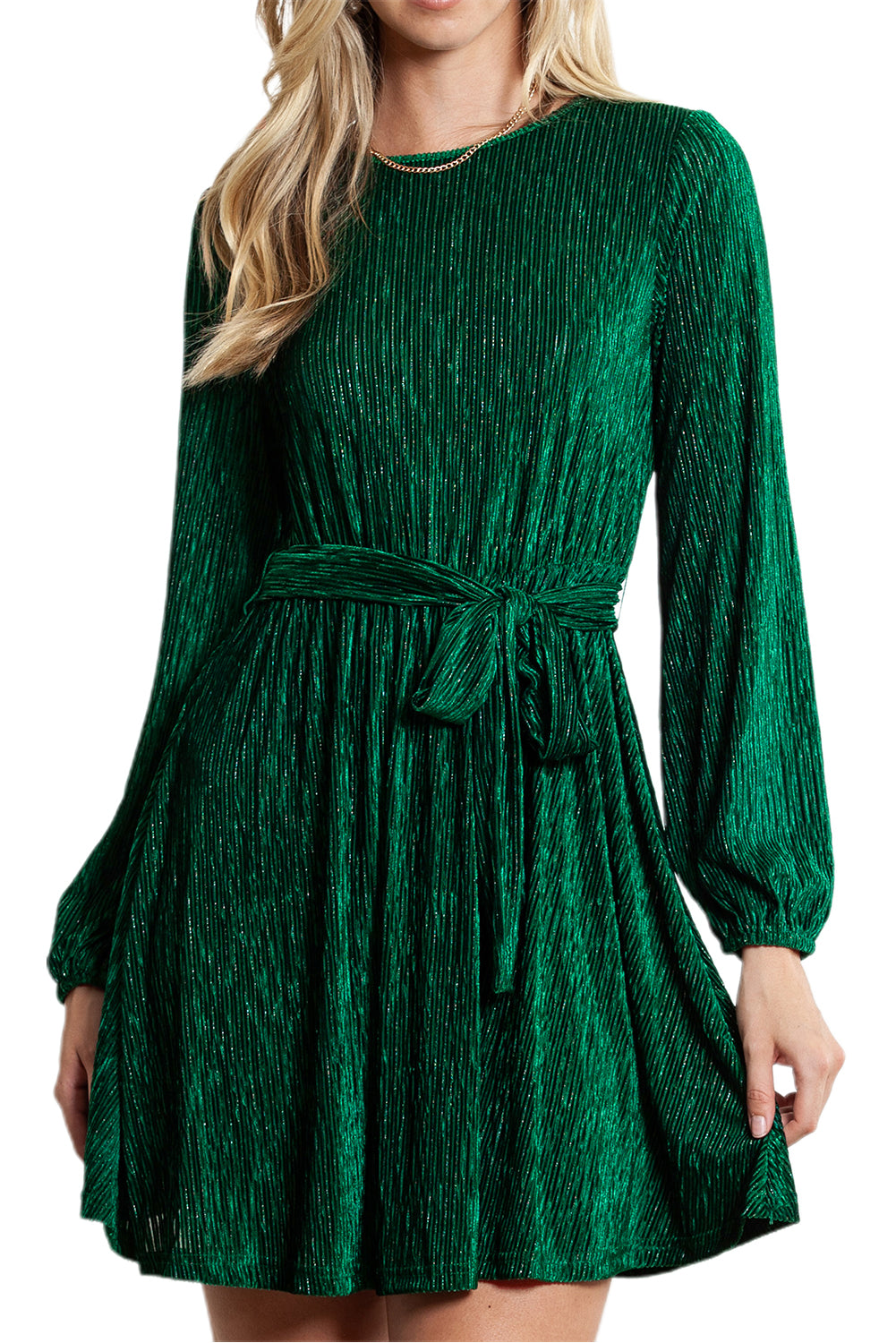 Green Crinkle Velvet Tie Waist Puff Sleeve Mini Dress