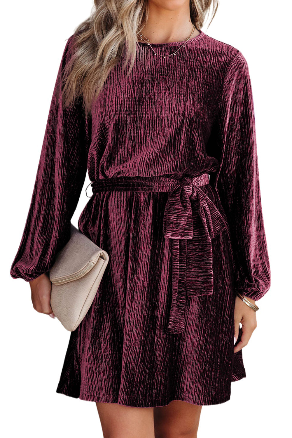 Green Crinkle Velvet Tie Waist Puff Sleeve Mini Dress