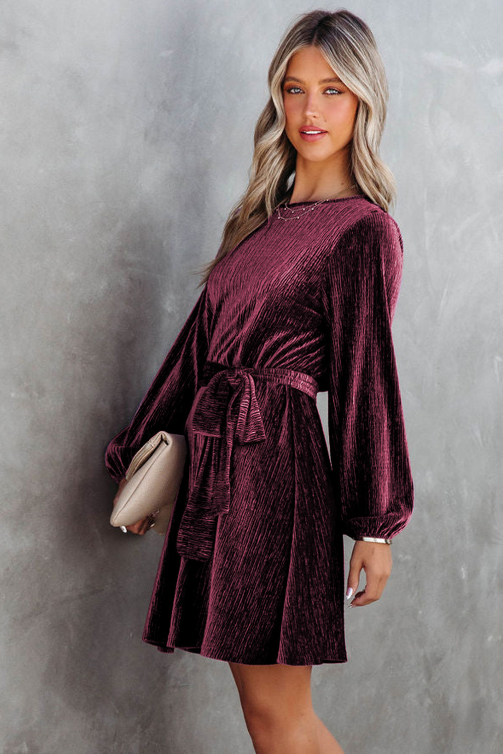 Green Crinkle Velvet Tie Waist Puff Sleeve Mini Dress