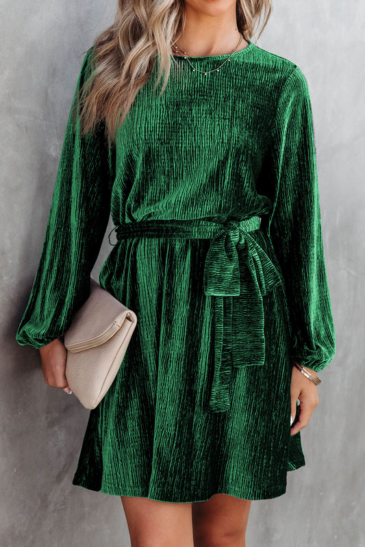 Green Crinkle Velvet Tie Waist Puff Sleeve Mini Dress