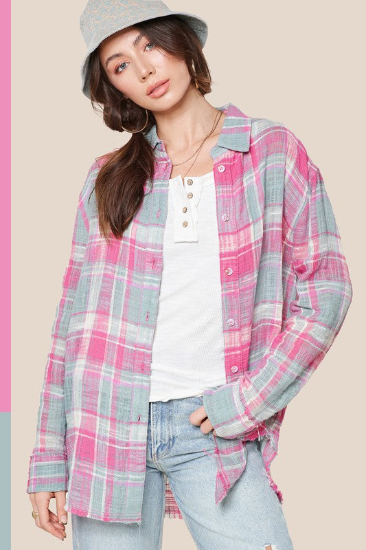 Best-Selling Bold Plaid Button-Down Shirt - Relaxed Fit with Cut Edge Detailing