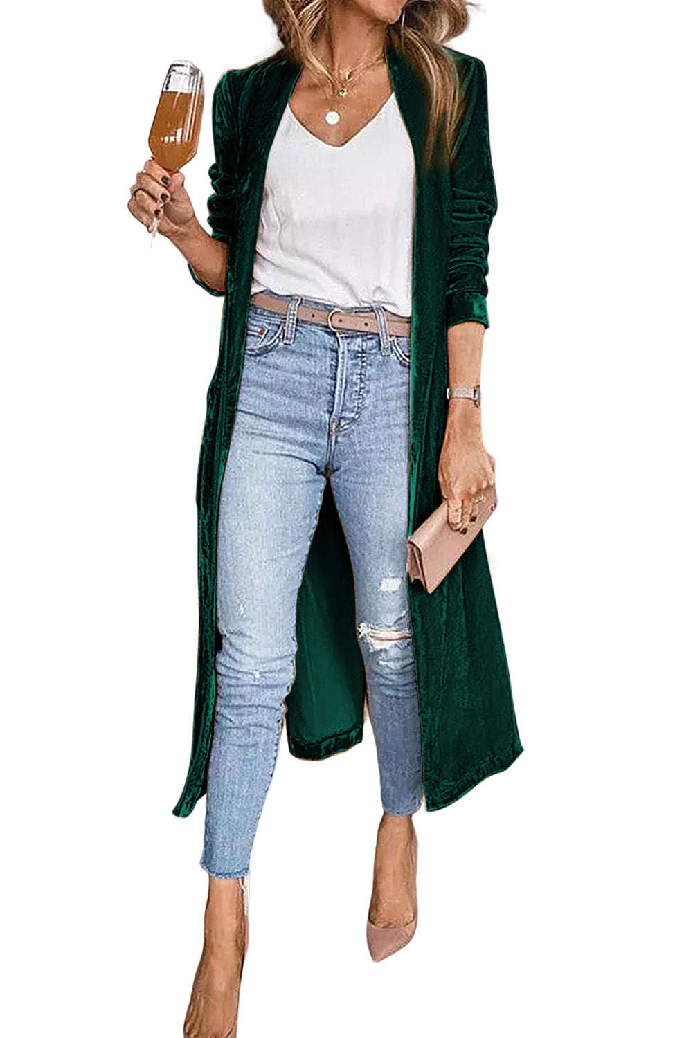 Green Velvet Elegant Pocket Open Front Long Cardigan