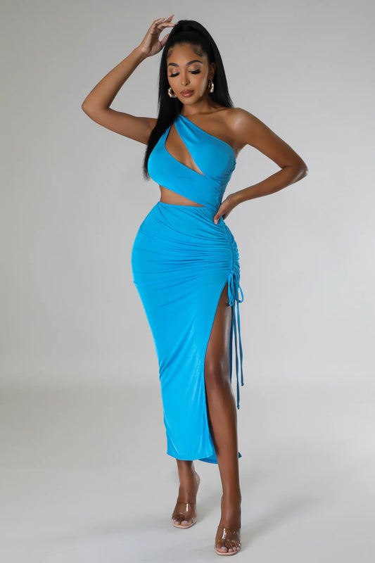 Island Chic One Shoulder Cutout Ruched Dress